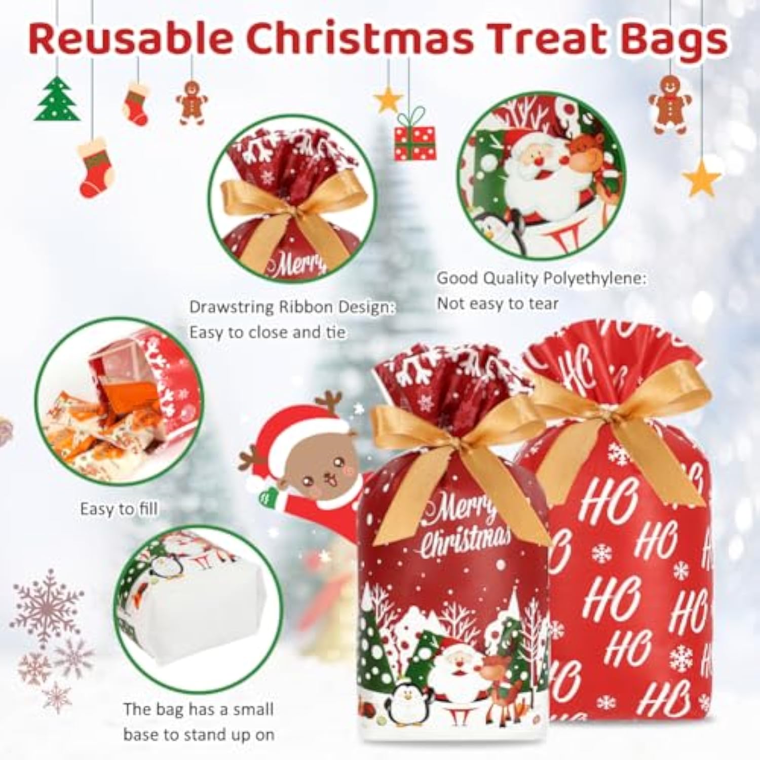 Christmas Treat Bags, 50Pcs Small Christmas Gift Bags Drawstring 5.8X9Inch Reusable Plastic Holiday Goodie Pouches For Party Favors Sweets Cookies