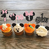 24Pcs Mouse 1St Birthday Cupcake Toppers, Pink Bow Mini First Birthday Cake Decorations Mouse One Cupcake Picks For Baby Shower 1St Birthday Party Decors Black Pink