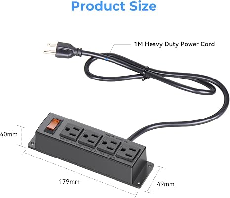 Wall Mount Power Strip 4 Outlets with Switch 3FT Extension Cord Flat Plug Under Desk Black