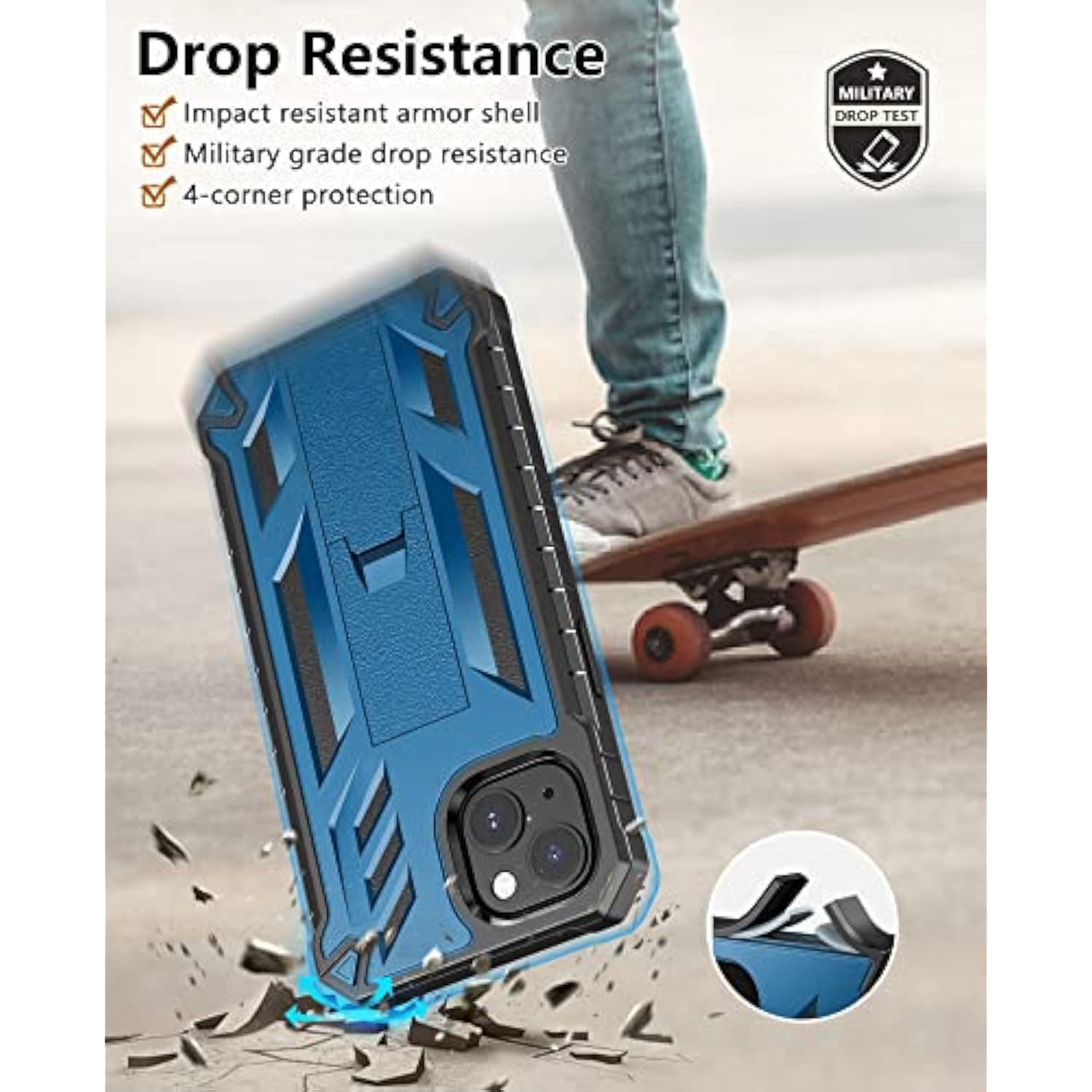 For Iphone 13/14 Protective Case: For Iphone 16E Cover Heavy Duty Military Grade Hard Protection Shock Proof Grip | Durable Dual-Layer Design With Built-In Kickstand Blue