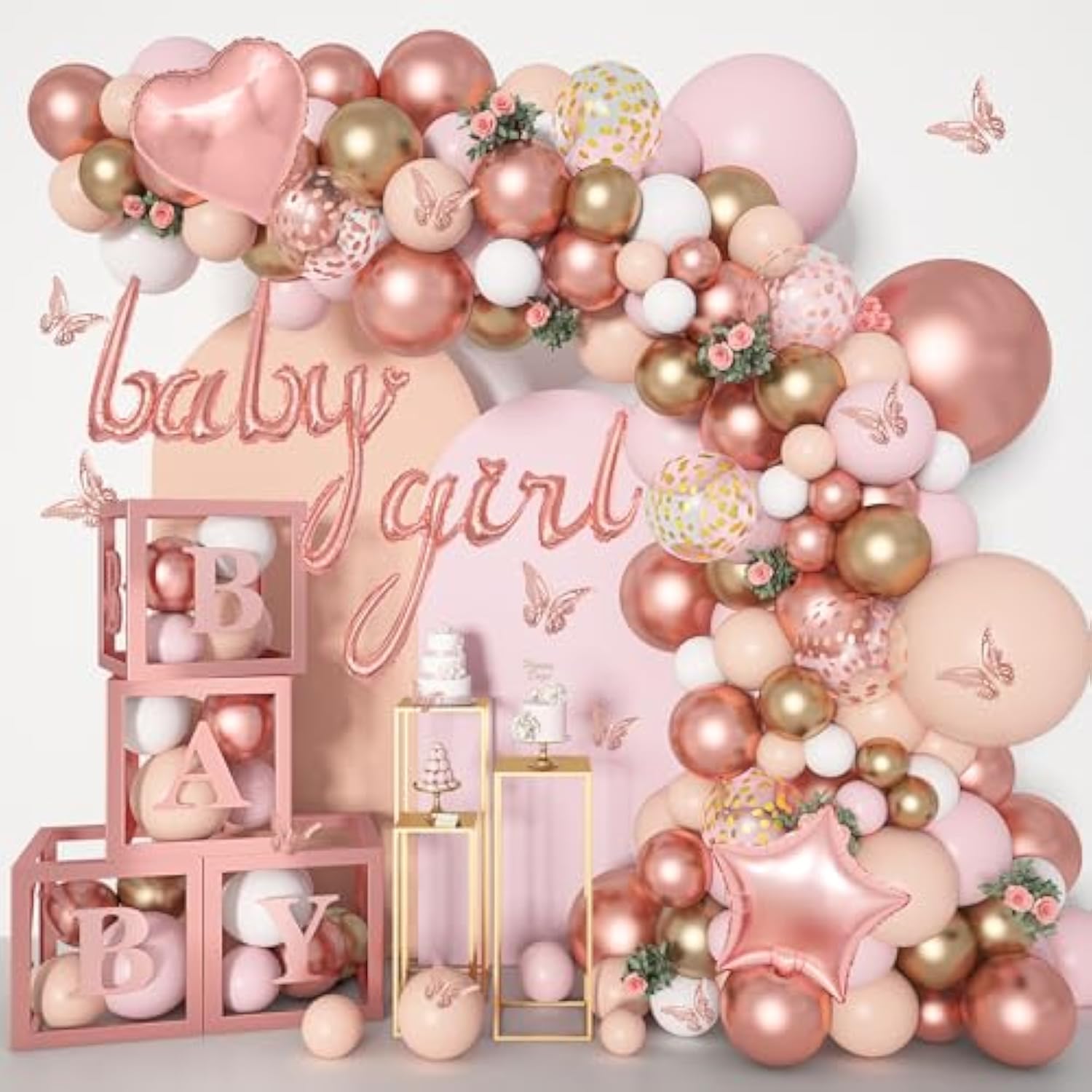 Rose Gold Baby Shower Balloon Arch Kit with Butterfly Décor & Letter Boxes, 135pcs