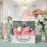 Wooden Wedding Card Box With Acrylic Board & Flower Trough, White Gift Card Box For Wedding, Envelope Boxes For Gifts Bridal Shower Decorations Party Reception Anniversary Baby Shower