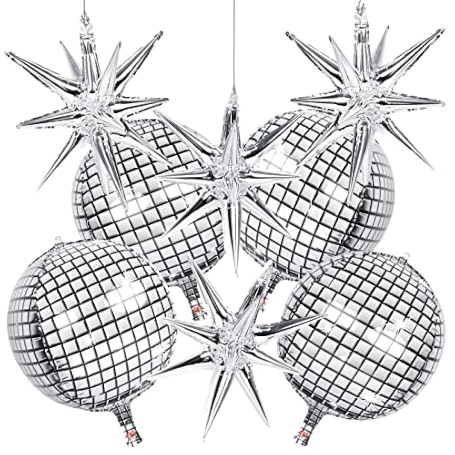 8pcs 22" Silver Disco Ball Foil Balloons with Stars – 70s Party, Birthday & Event Decor