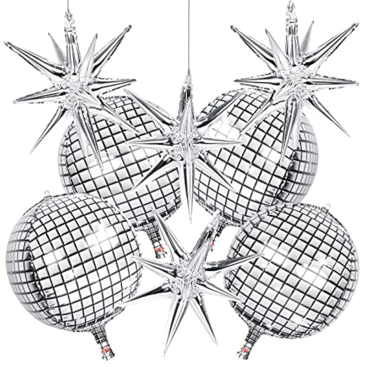 8pcs 22" Silver Disco Ball Foil Balloons with Stars – 70s Party, Birthday & Event Decor