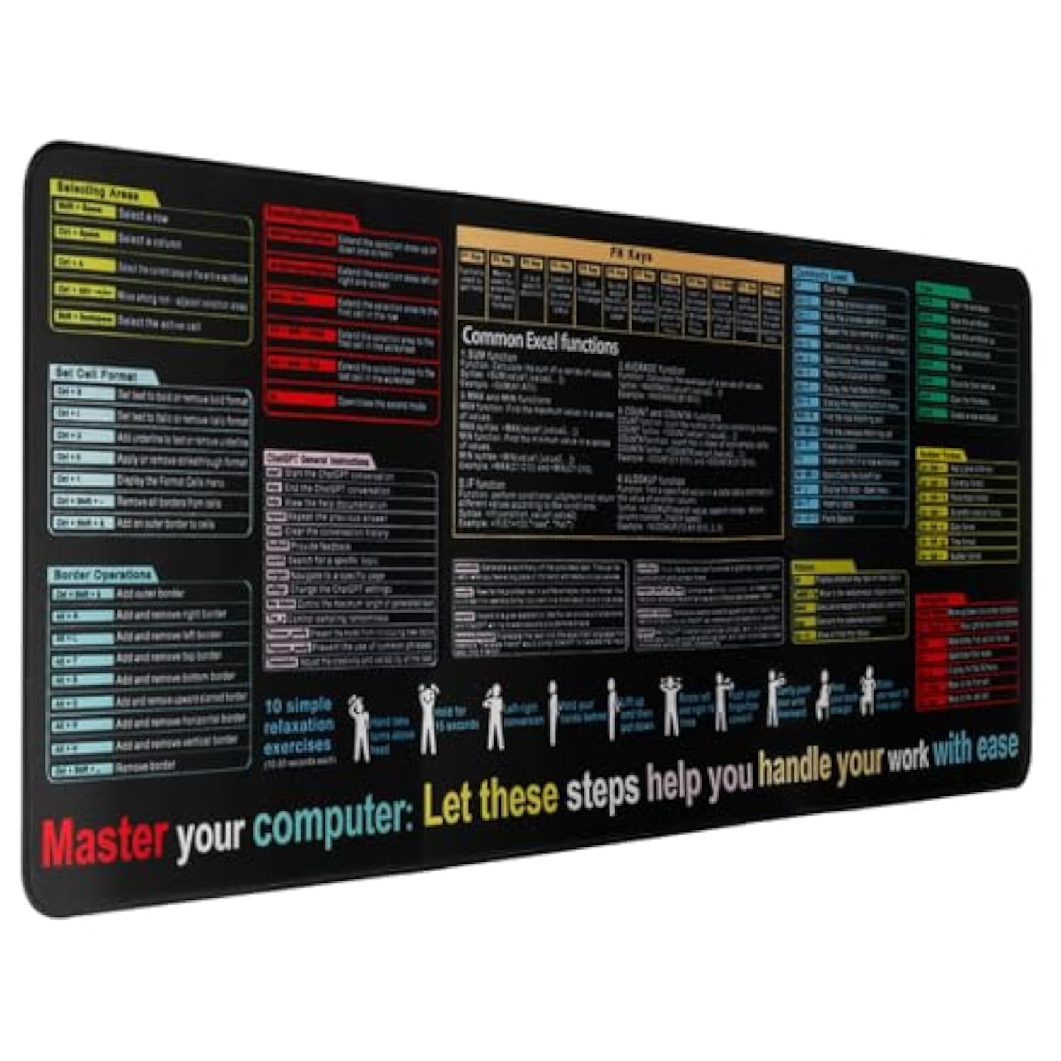 Excel Cheat Sheet Desk Pad, 31.5" X 11.8" Waterproof Mouse Pad Gaming Desk Mat, Office Keyboard Pad For Computer Gaming Office (31.5" X 11.8")