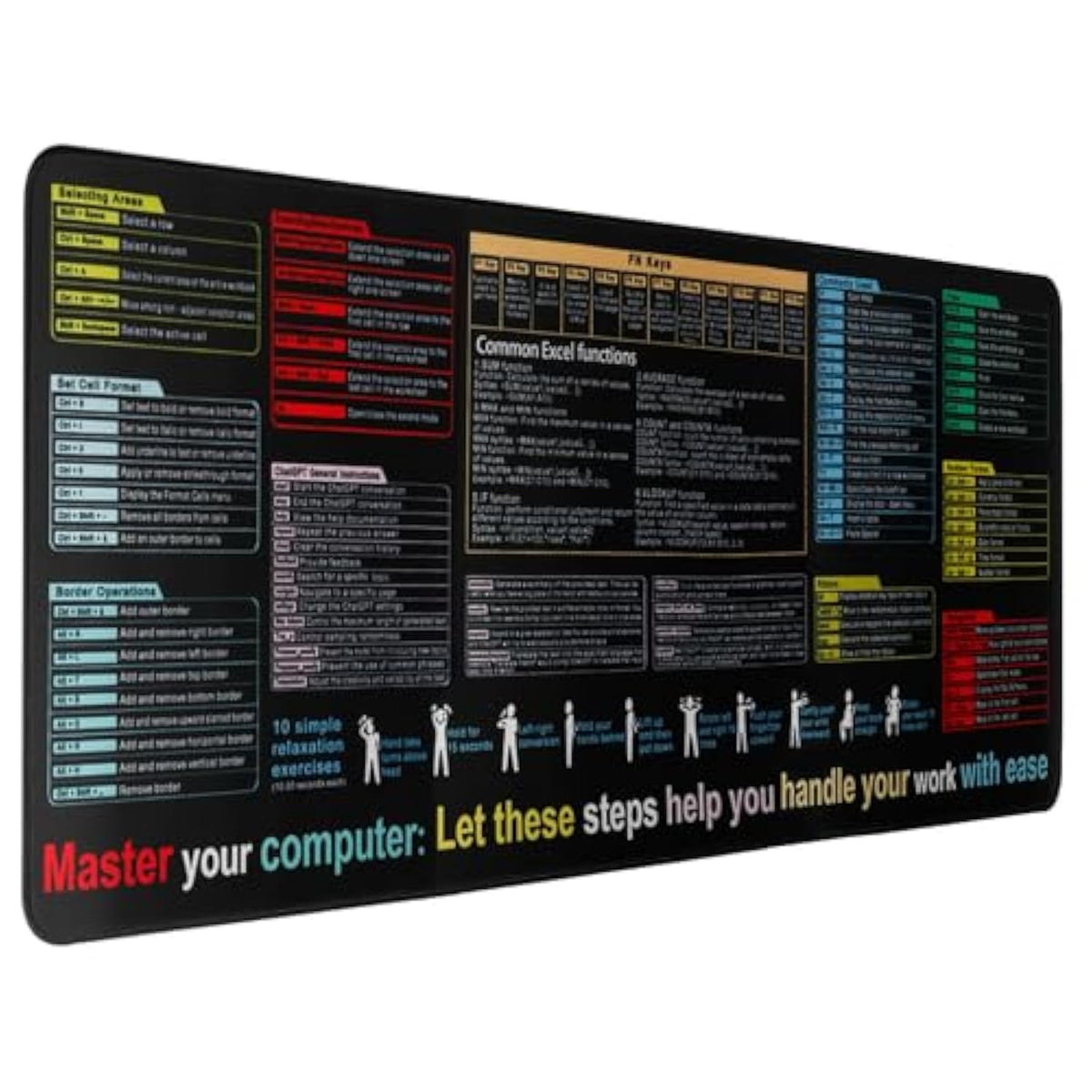 Excel Cheat Sheet Desk Pad, 31.5" X 11.8" Waterproof Mouse Pad Gaming Desk Mat, Office Keyboard Pad For Computer Gaming Office (31.5" X 11.8")