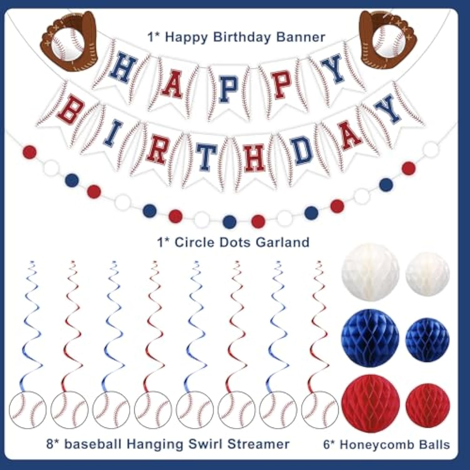 Baseball Party Decorations Happy Birthday Banner Baseballs Honeycomb Balls Hanging Swirls Circle Dot Garland For Baseball Sports Themed Birthday Party Decorations