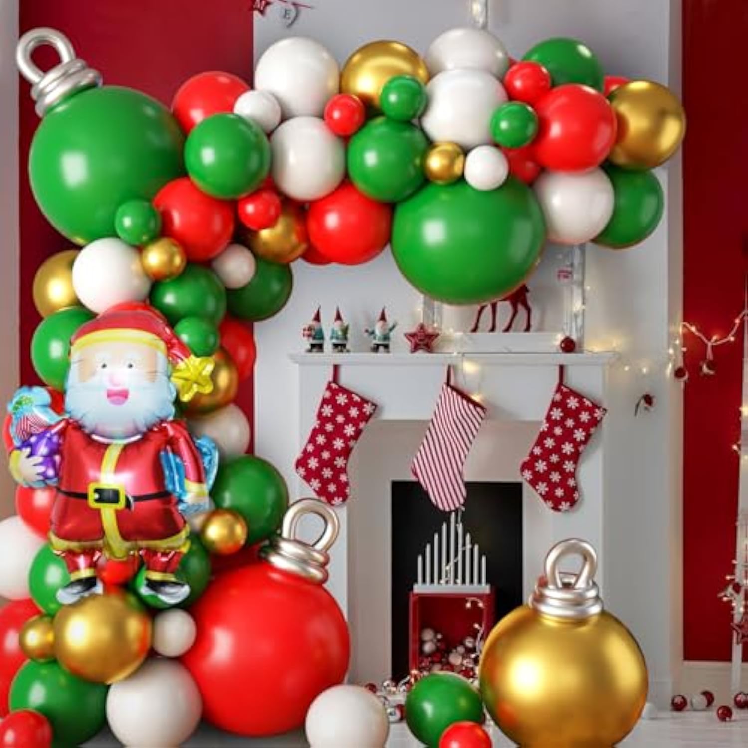 Christmas Balloon Arch Kit - Red, Gold, White, Green Garland With Bell Balloons And 40 Inch Santa Claus Foil Balloon For Xmas Party Decorations