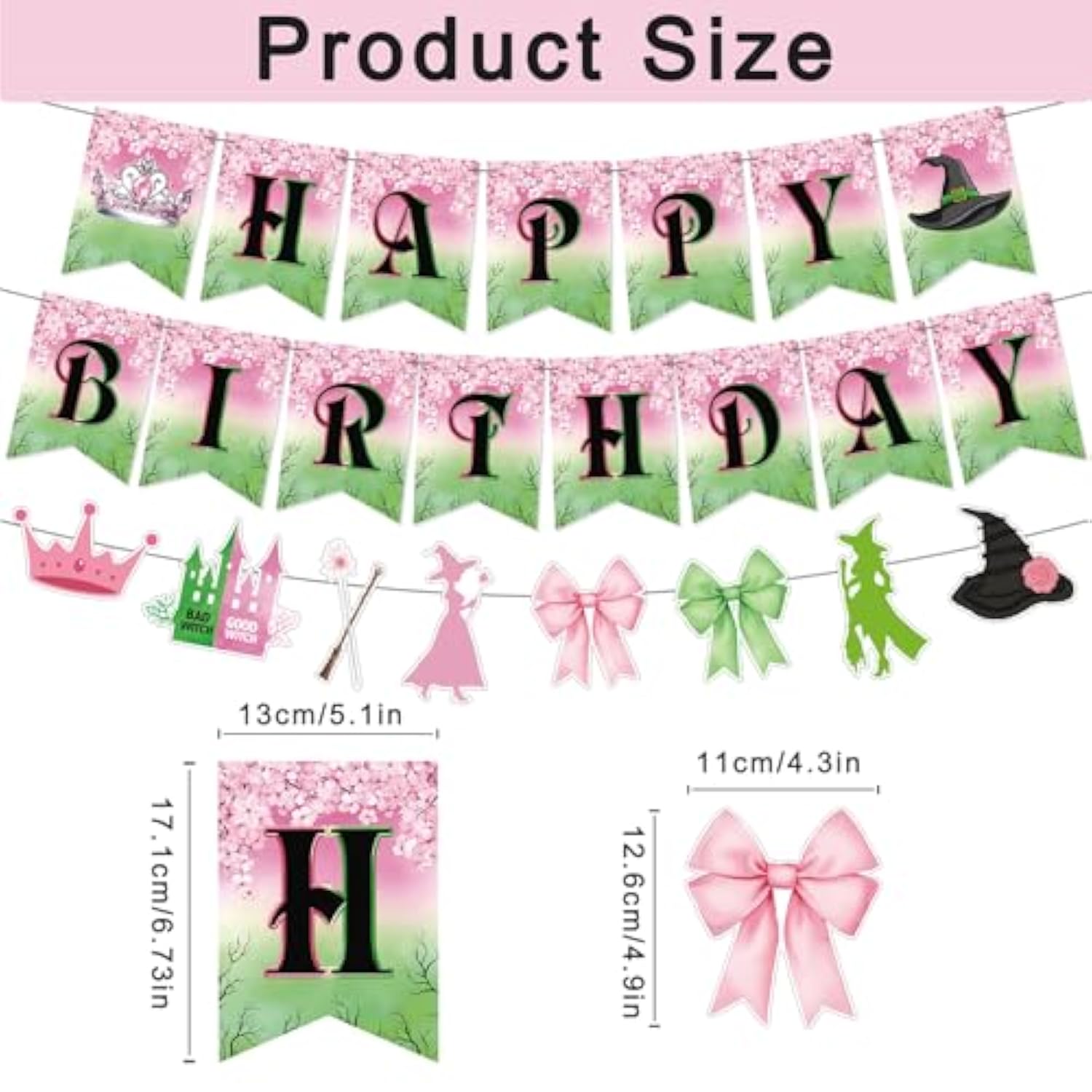 3Pcs Pre-Strung Wicked Happy Birthday Banner Pink And Green Paper Garland For Halloween Witch Theme Party Decorations