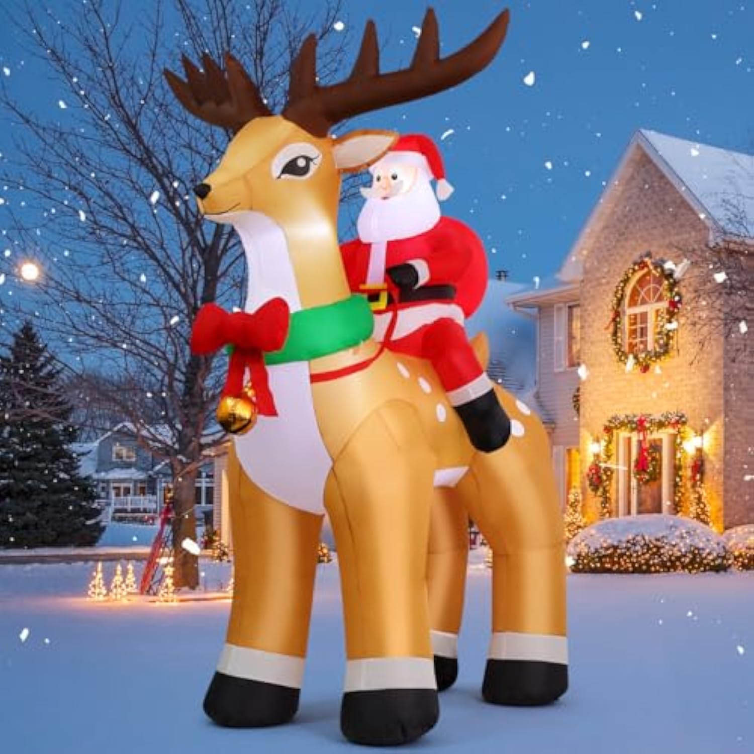 9.8Ft Christmas Inflatables Outdoor Decorations Santa Riding Reindeer,Blow Up Santa Claus With Built-In Led Lights For C