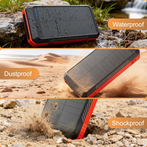 Solar Power Bank 33800mAh with Super Bright LED Flashlight, Built-in 4 Cables & Wireless Charging, Portable Charger with Compass, 7 Outputs & 4