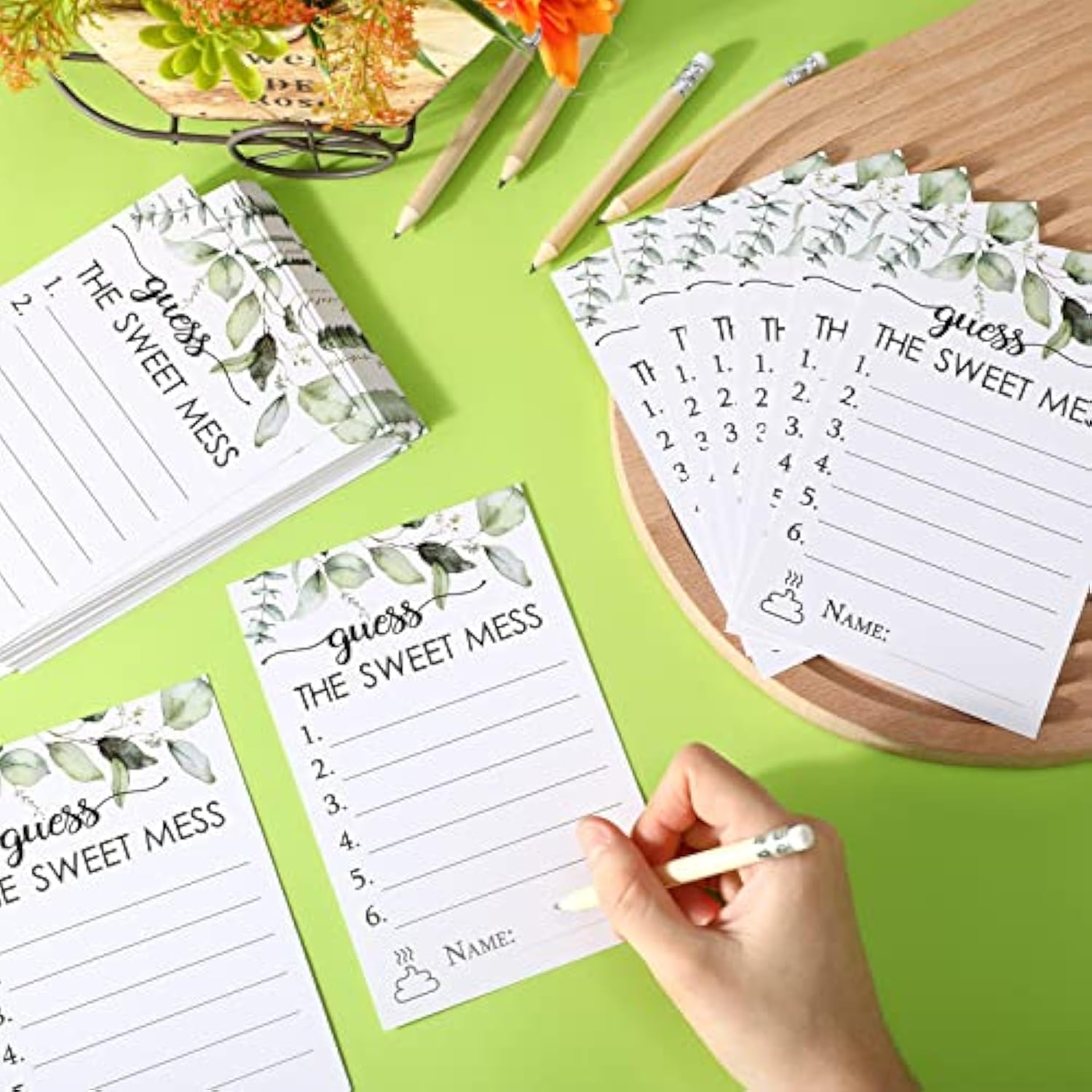 67 Pcs Guess The Sweet Mess Dirty Diaper Baby Shower Game Includes Guess The Sweet Mess Sign 50 Small Cards 10 Pencils And 6 Number Stickers For Baby Shower Game Gender Reveal Party(Leaves)