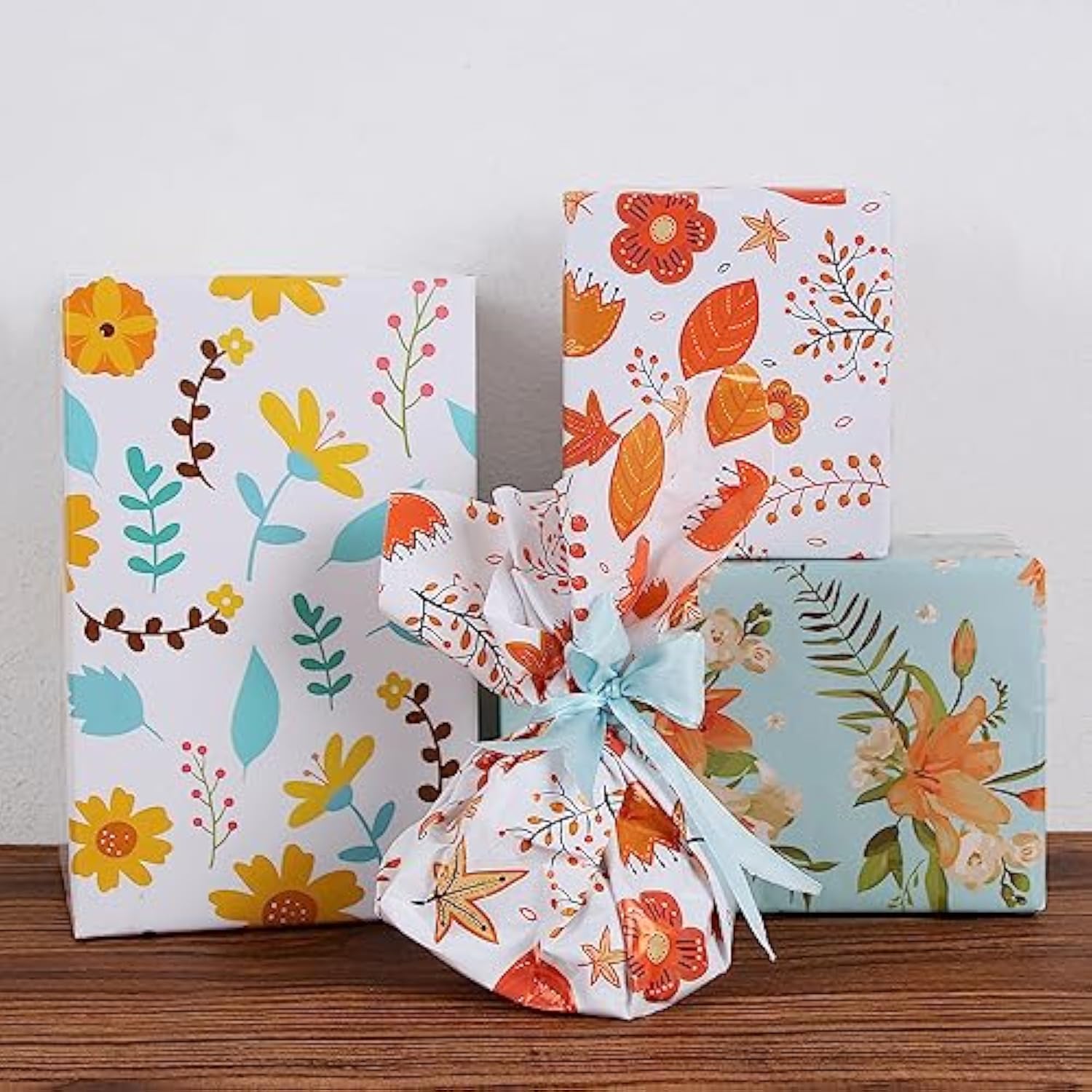 Orange Floral Wrapping Paper Jumbo Roll 17 In X 60 Ft, All Accasion Flower Gift Wrap For Wedding Birthday Bridal Shower