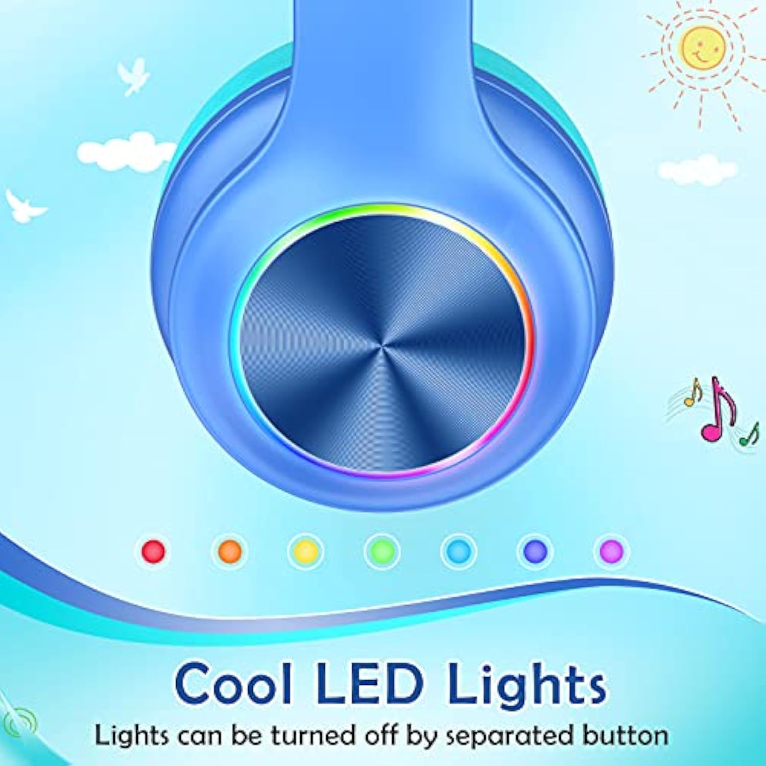 Bluetooth Kids Headphones Fit For Aged 3-21, Colorful Led Lights Comfort Wireless Headphones With Microphone 94Db Volume Limited For School//Pc/Tv/Cellphones, Wired & Tf Card Mode,Blue