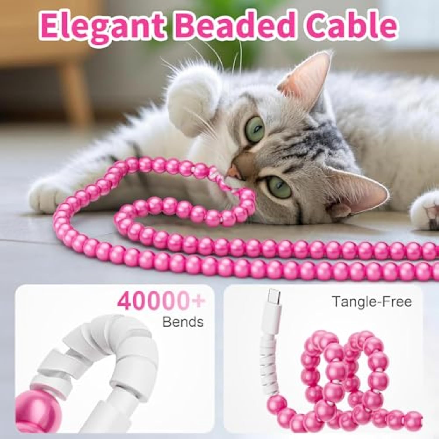 Usb A To Usb C Cable, For Iphone 16 Charging Cord Fast Charging Cable 3.3Ft Elegant Pearl Beads For Girls Women For Iphone 15, For Ipad 10Th Generation, For Galaxy S25-Hot Pink