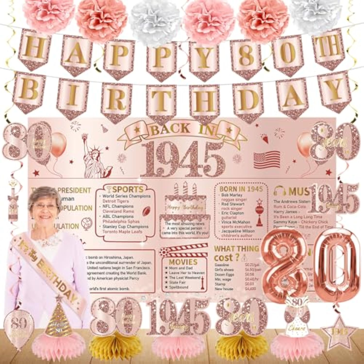 21Pcs 80Th Birthday Decorations Kit For Women, Pink Rose Gold 1945 Happy 80 Birthday Banner Honeycomb Centerpiece Hanging Swirls Party Supplies, Eighty Birthday Sash Table Decor