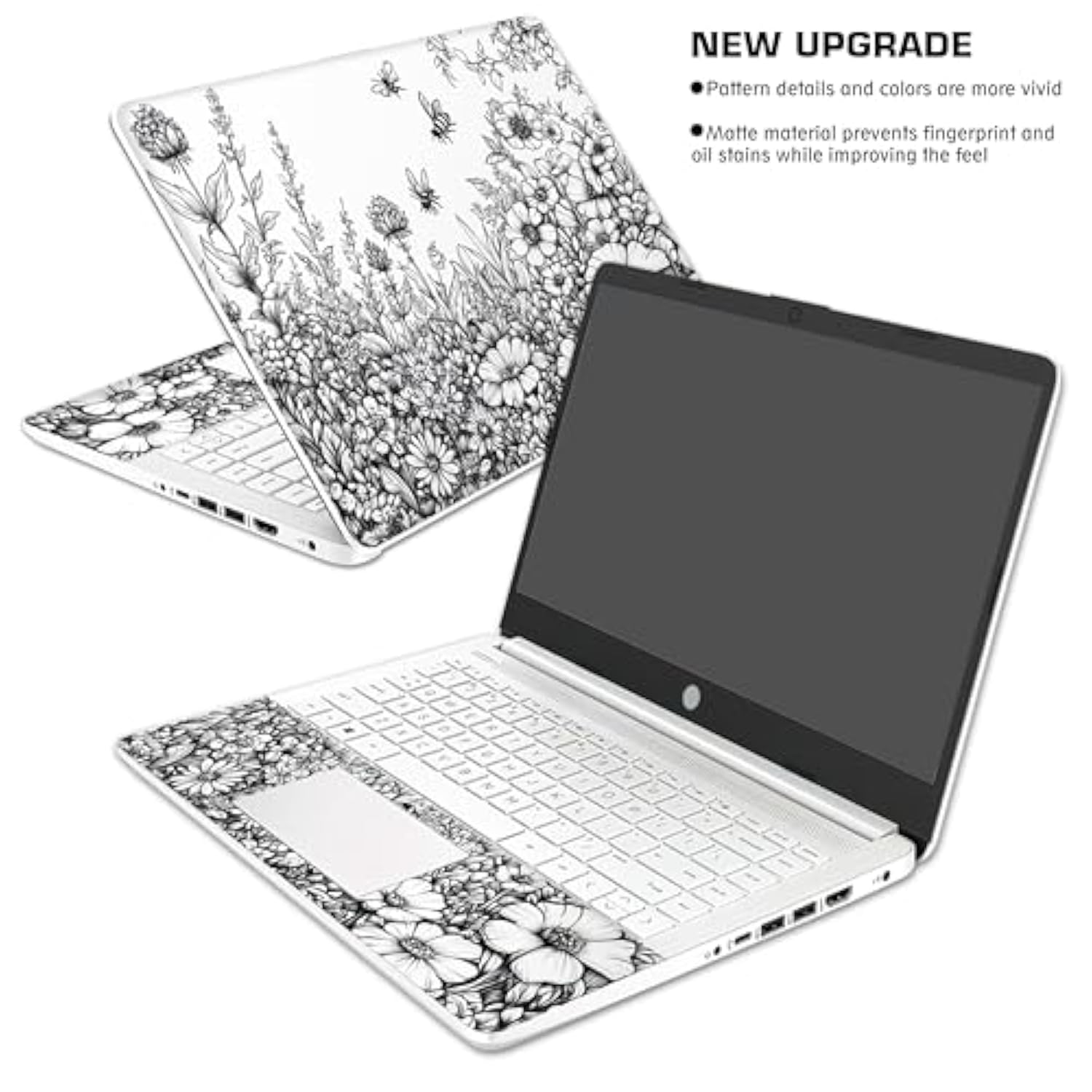 Laptop Skin Decal Hp 14" - Black White Botanical, Laptop Cover Sticker, No Cutting Required, No Bubble, Waterproof, Scratch Resistant - Including Wide Screen And Wrist Pad