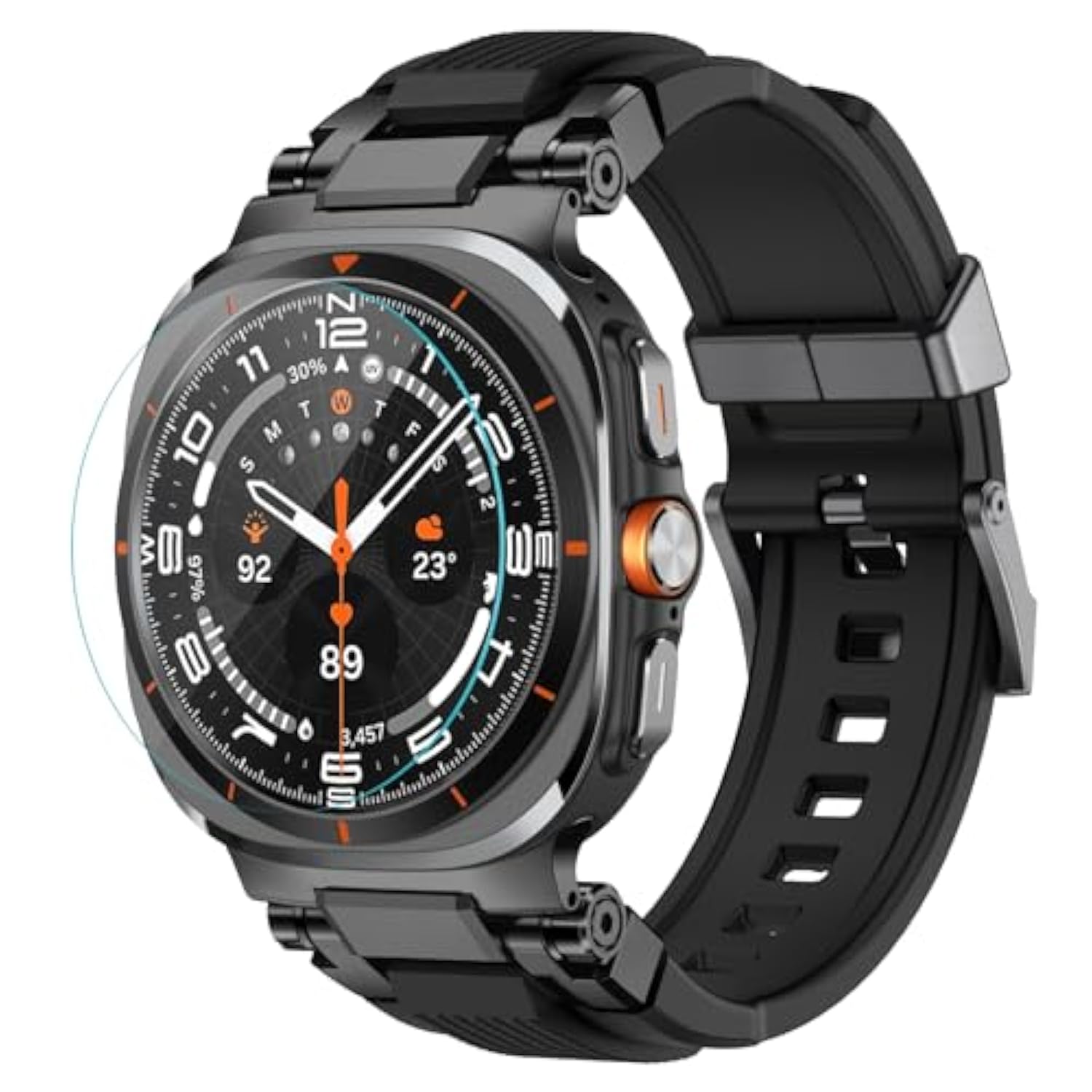 Compatible With Samsung Galaxy Watch Ultra Bands For Men, Metal Connector Rugged Strap For Galaxy Watch 7 Ultra 47Mm, Sport Accessories With 9H Tempered Glass Screen Protector - Black/Black