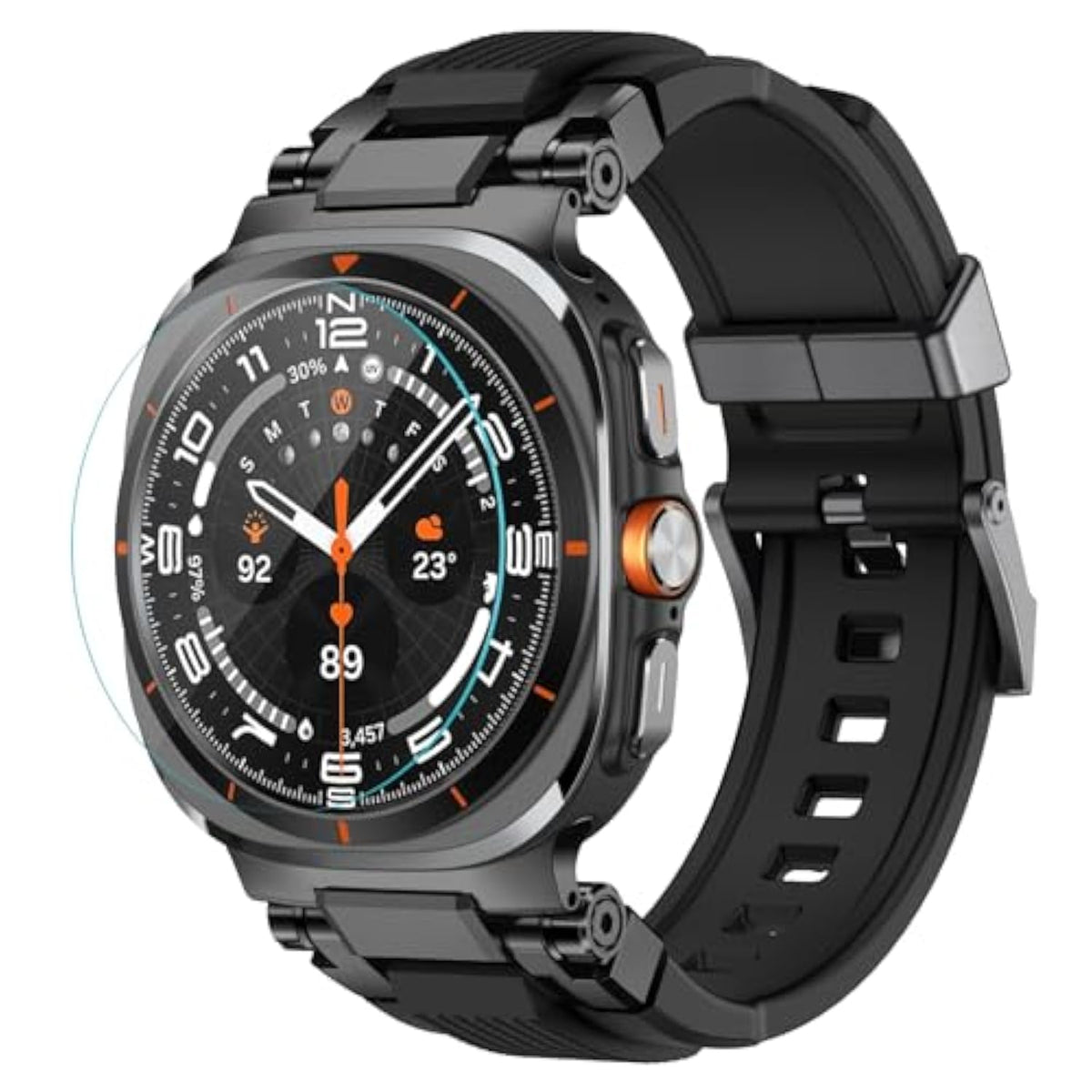 Compatible With Samsung Galaxy Watch Ultra Bands For Men, Metal Connector Rugged Strap For Galaxy Watch 7 Ultra 47Mm, Sport Accessories With 9H Tempered Glass Screen Protector - Black/Black