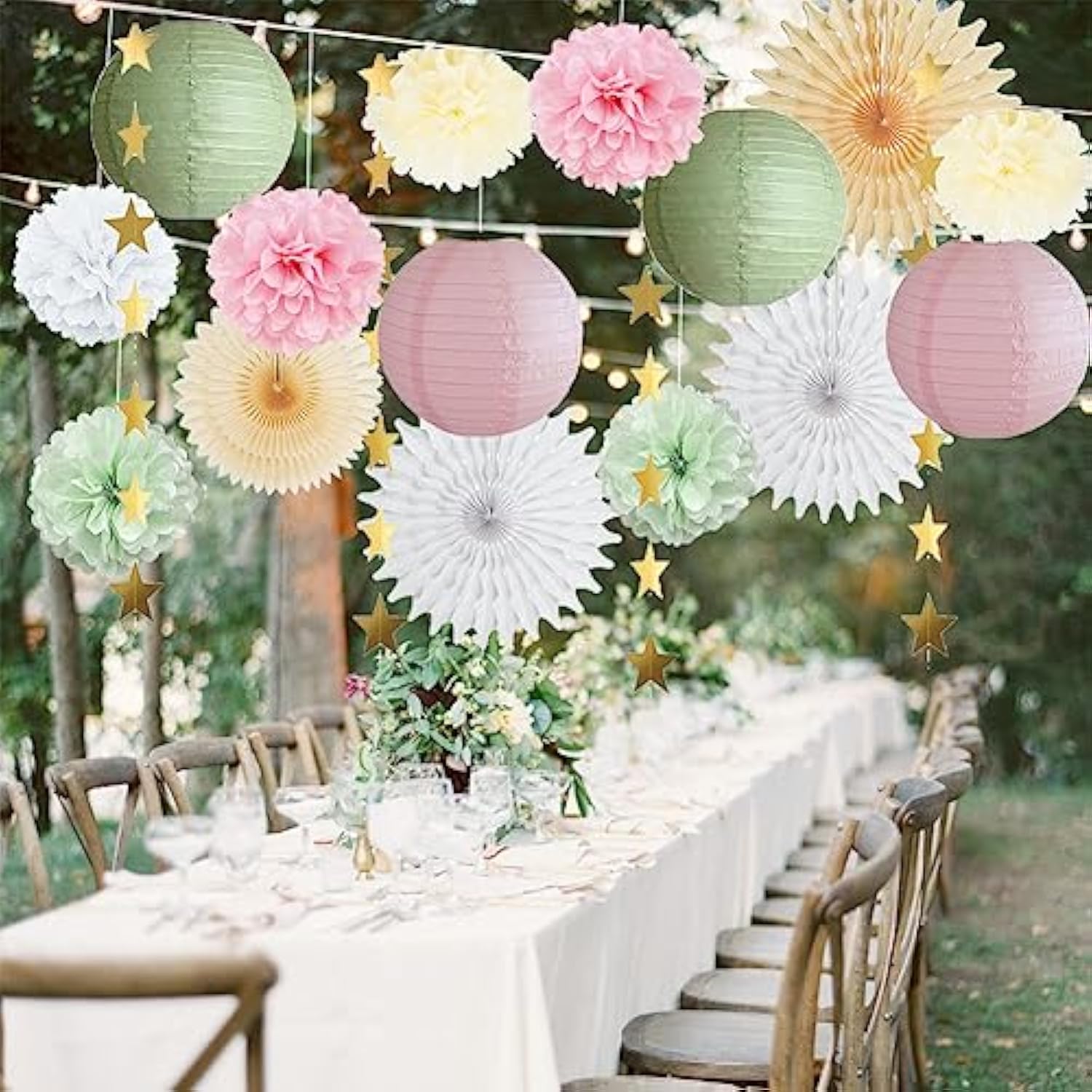 Sage Green And Pink Party Decorations Paper Lanterns Decorative Pink Gold Tissue Paper Pom Poms Sage Green Party Decorations Gold Star Garland For Baby Shower Bridal Shower Birthday Wedding Engagement