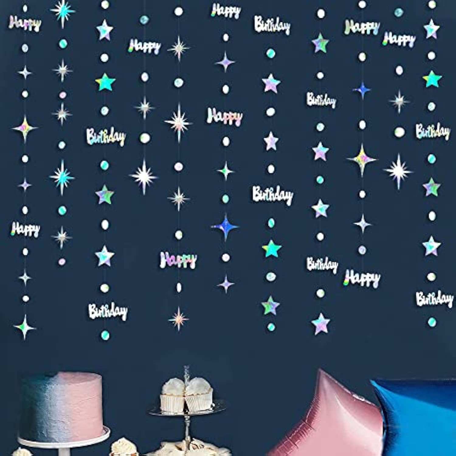 Iridescent Happy Birthday Decorations Circle Dot Twinkle Star Garland Kit Metallic Holographic Hanging Streamer Bunting Banner Backdrop For Women, Men & Kids Party Supplies