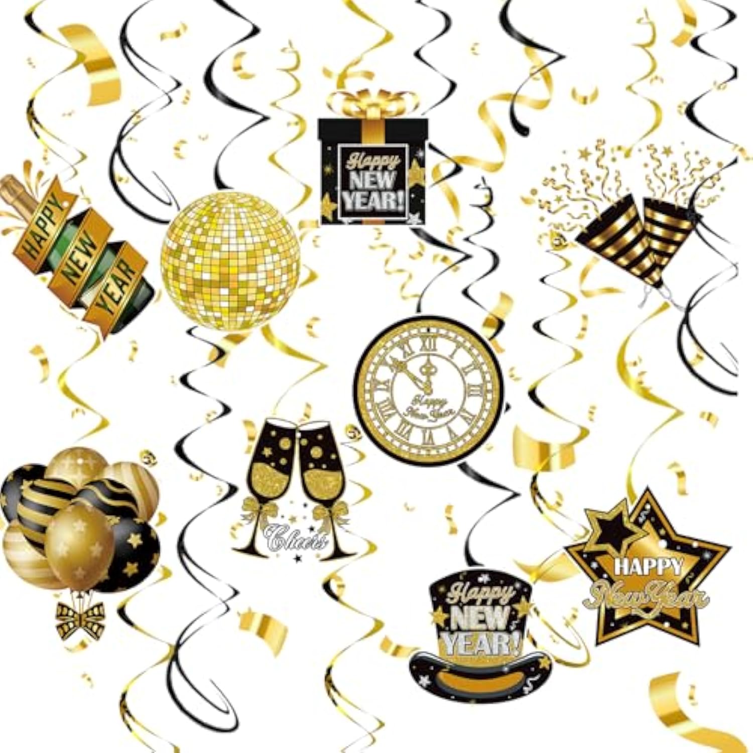 Hollywood New Year Party Decorations 2025 Black Gold Hanging Swirls