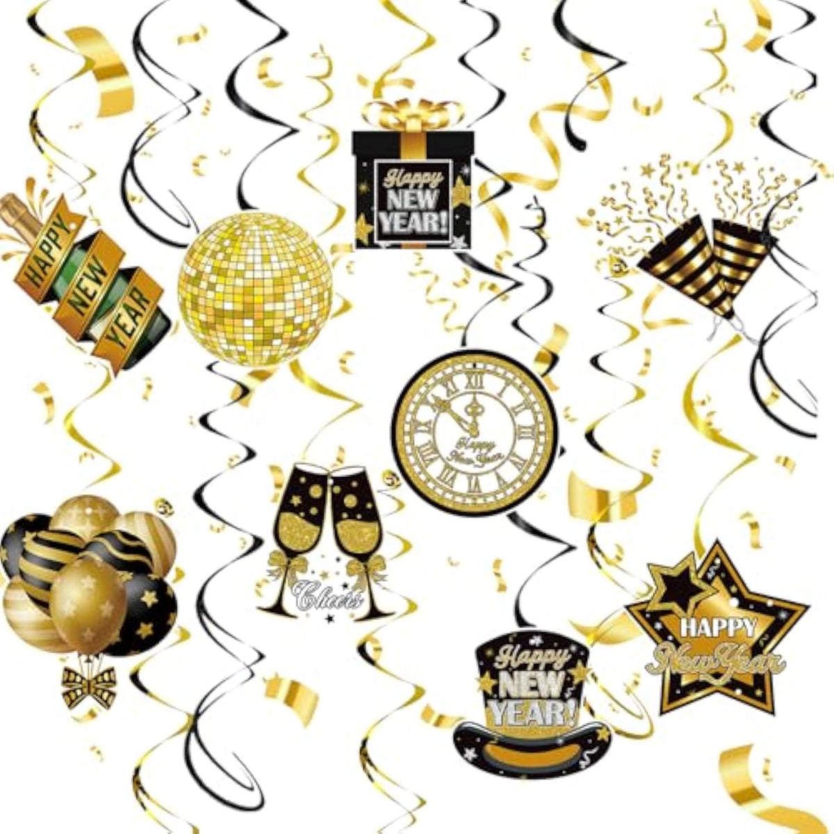 Hollywood New Year Party Decorations 2025 Black Gold Hanging Swirls