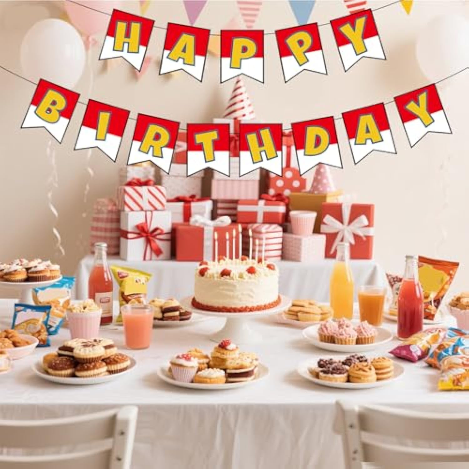 Red & White Cartoon Birthday Banner for Kids & Adults Party Decor