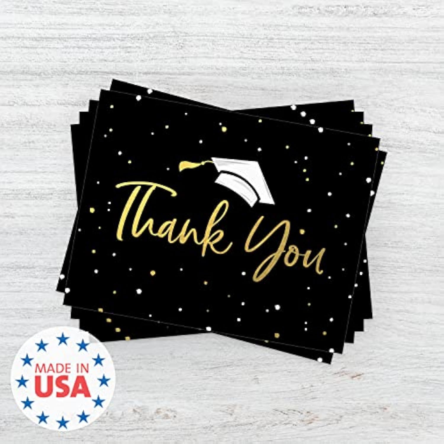Faux Gold Confetti Graduation Thank You Cards / 100 Bulk Note Cards With White Envelopes / 4 1/4" X 5 1/2" High School College Grad Greeting Cards/Made In The Usa