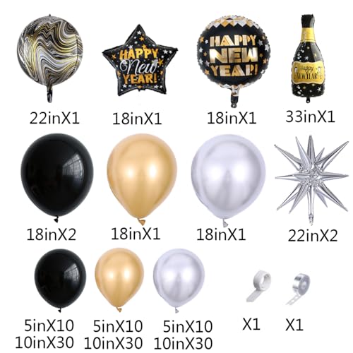 132Pcs Black Gold Silver Balloon Arch Garland Kit, New Year Eve Decorations