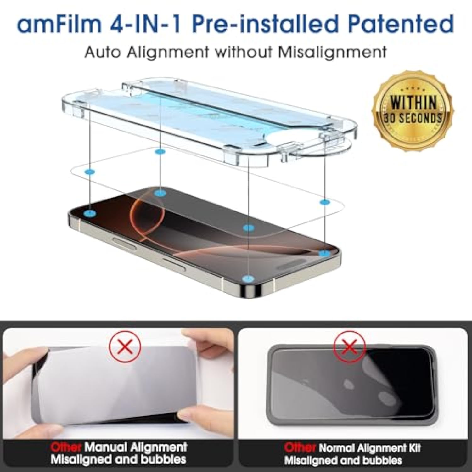 amFilm Auto-Alignment OneTouch for iPhone 16 Pro Max [6.9''] Screen Protector + Camera Lens Protector, Tempered Glass, 30 seconds Installation, Bubble Free, Case Friendly, Anti-Scratch [2+2 Pack]