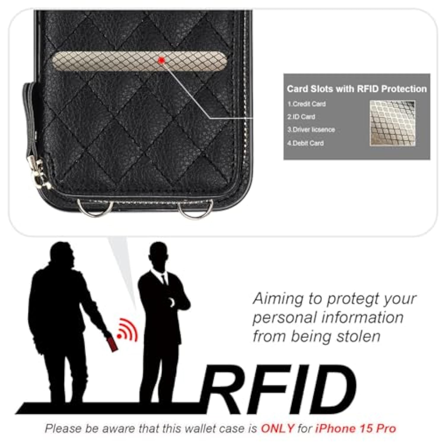 Crossbody Wallet Case For Iphone 15 Pro, Rfid Blocking Pu Leather Zipper Handbag Purse Flip Cover, Kickstand Folio Case With Card Slots Holder Wrist Strap Lanyard 5G 6.1 Inch (Black)