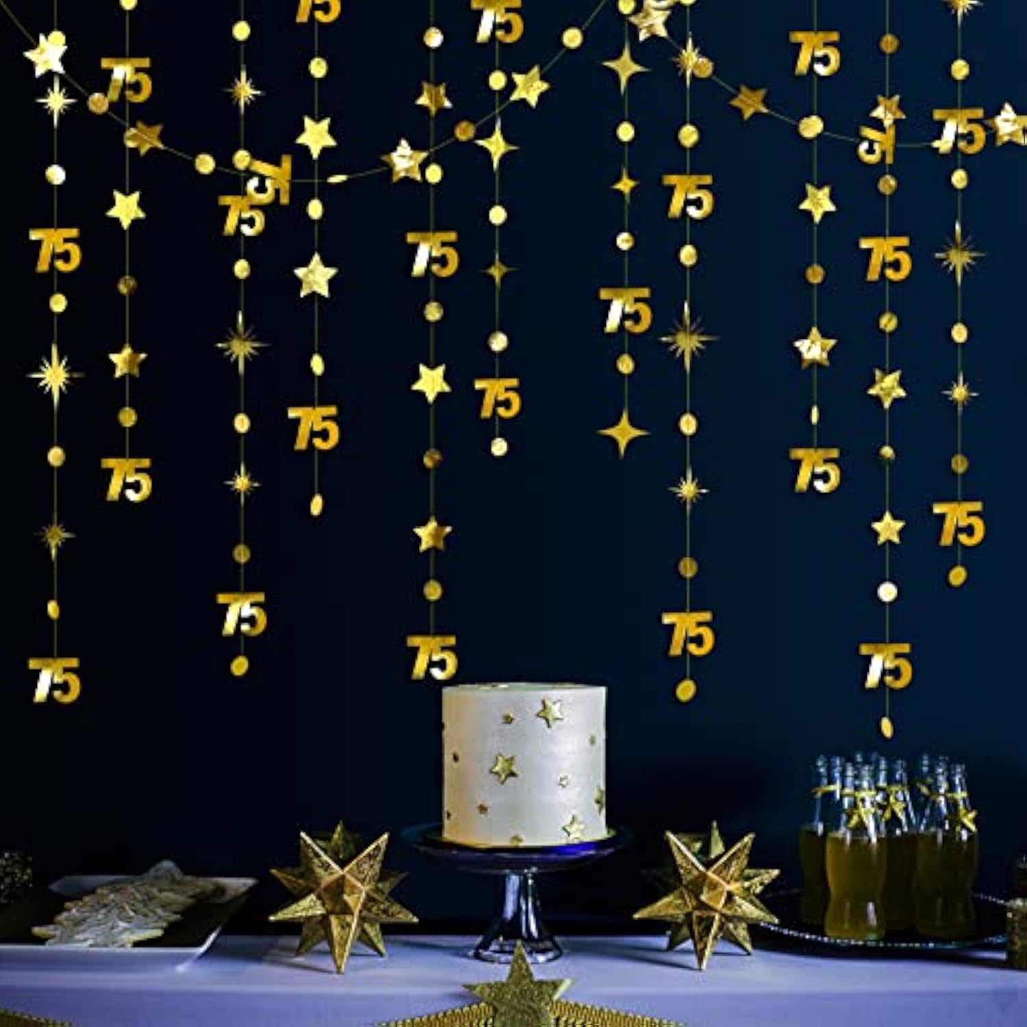 Gold 75th Birthday Garland: Metallic Stars & Dots Party Decor
