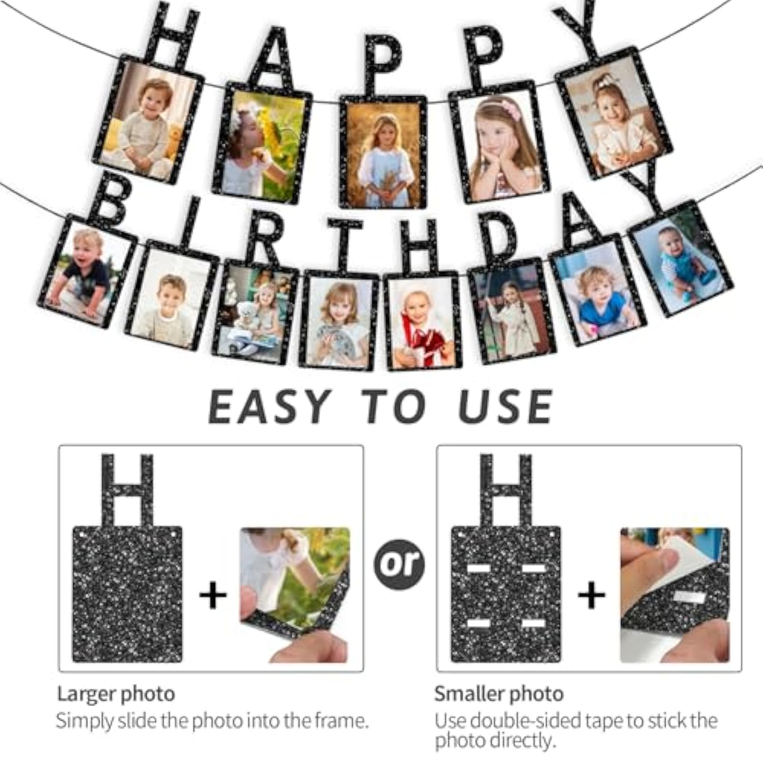 Birthday Photo Banner & Frame, Black Background for Kids and Adults' Party Decor