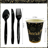New Years Party Supplies, 2026 Black And Gold New Year Disposable Tableware, Including Dinner Plates, Dessert Plates, Napkins, Cups Tablecloth For New Years Eve Party Supplies Decor Serves 20