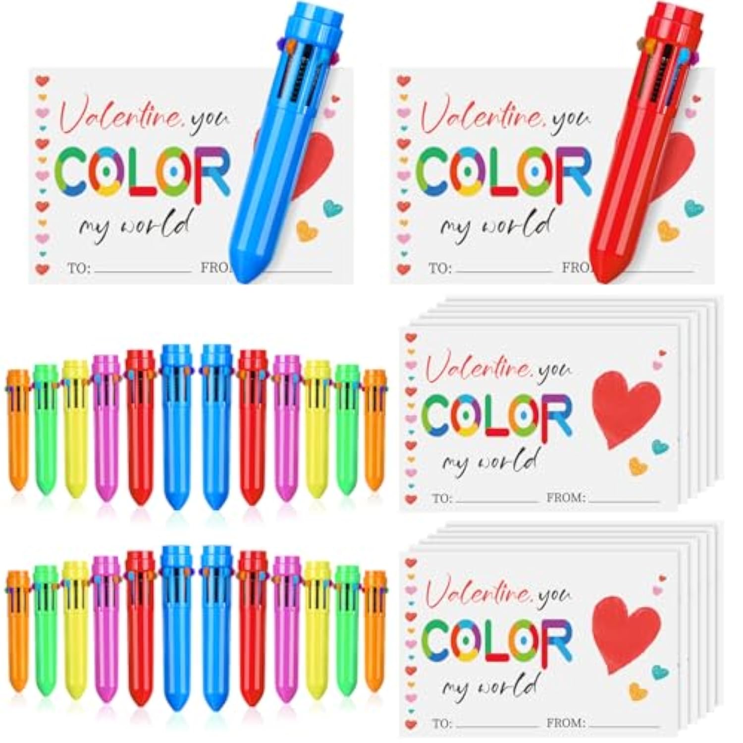 24 Set Valentine Cards And Ballpoint Pen Gift 24 Pcs Mini Shuttle Pens 0.5Mm Multicolor Retractable Pens, Greeting Cards For Party Supplies Prize