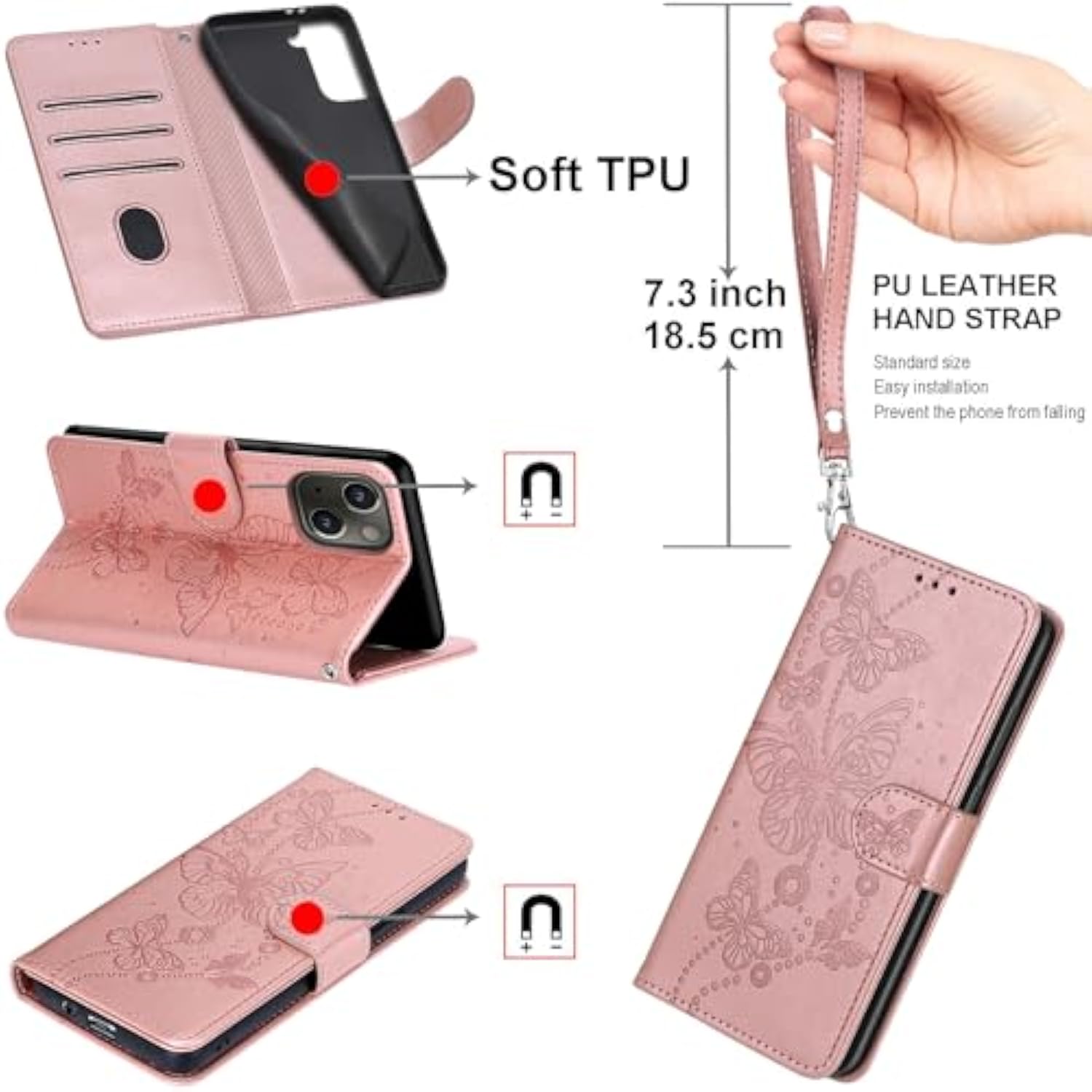 Designed For Samsung Galaxy S25 5G Case Wallet,Women Flip Folio Cover With Embossed Pu Leather Stand Credit Card Holders Slots Wrist Strap Phone Case For Samsung S25 6.2 Inch (Rose Gold Butterfly)