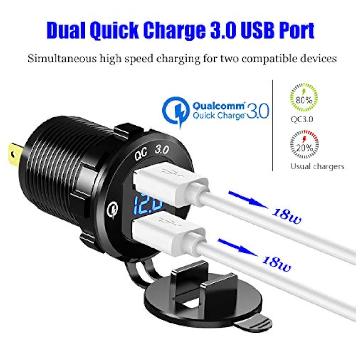 12V Usb Outlet Quick Charge 3.0 Dual Charger Socket, Usb Cigarette Lighter Socket With Led Voltmeter, Waterproof Aluminum Car Charger Adapter Diy Kit For Car Marine Truck Golf Cart Rv, Etc.