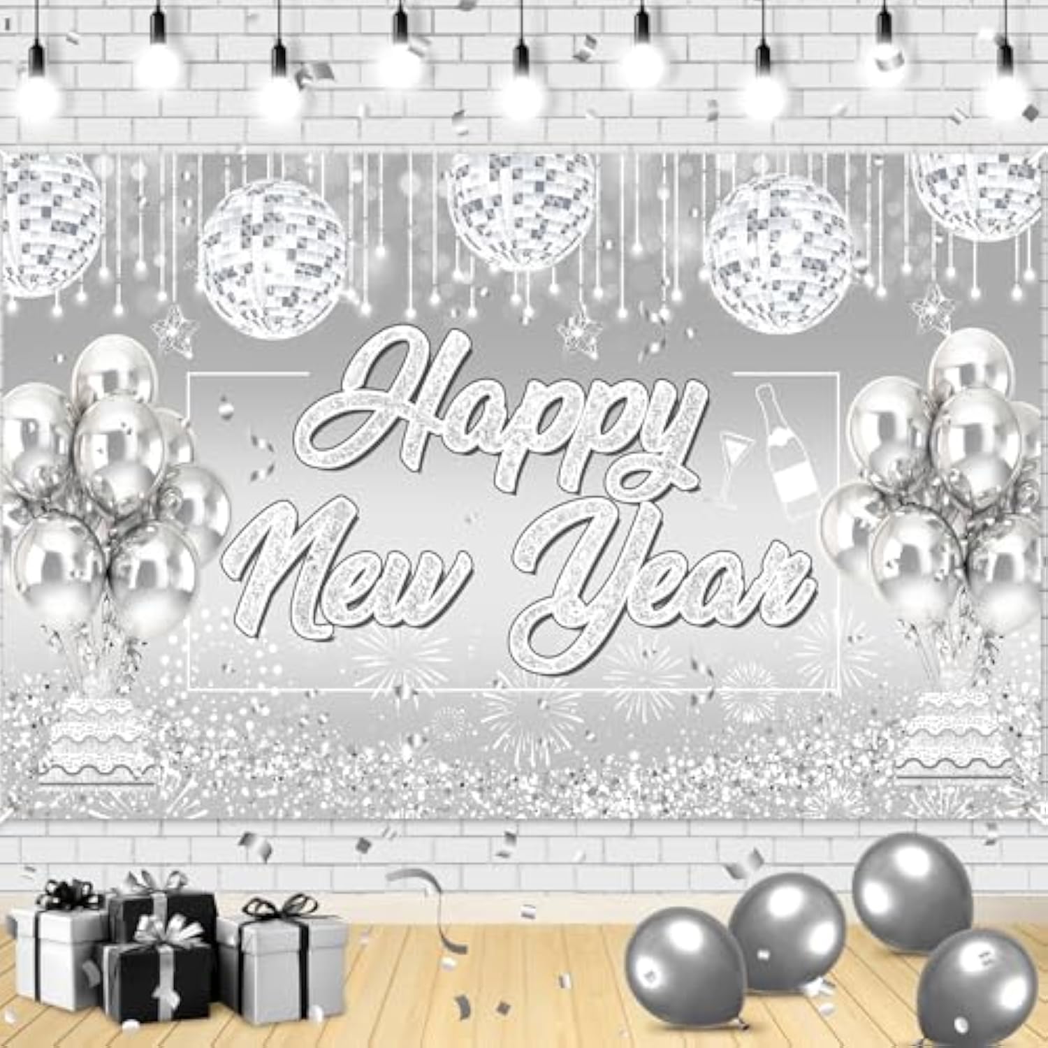 Silver Happy New Year 2026 Glitter Banner Firework Backdrop Party Decor