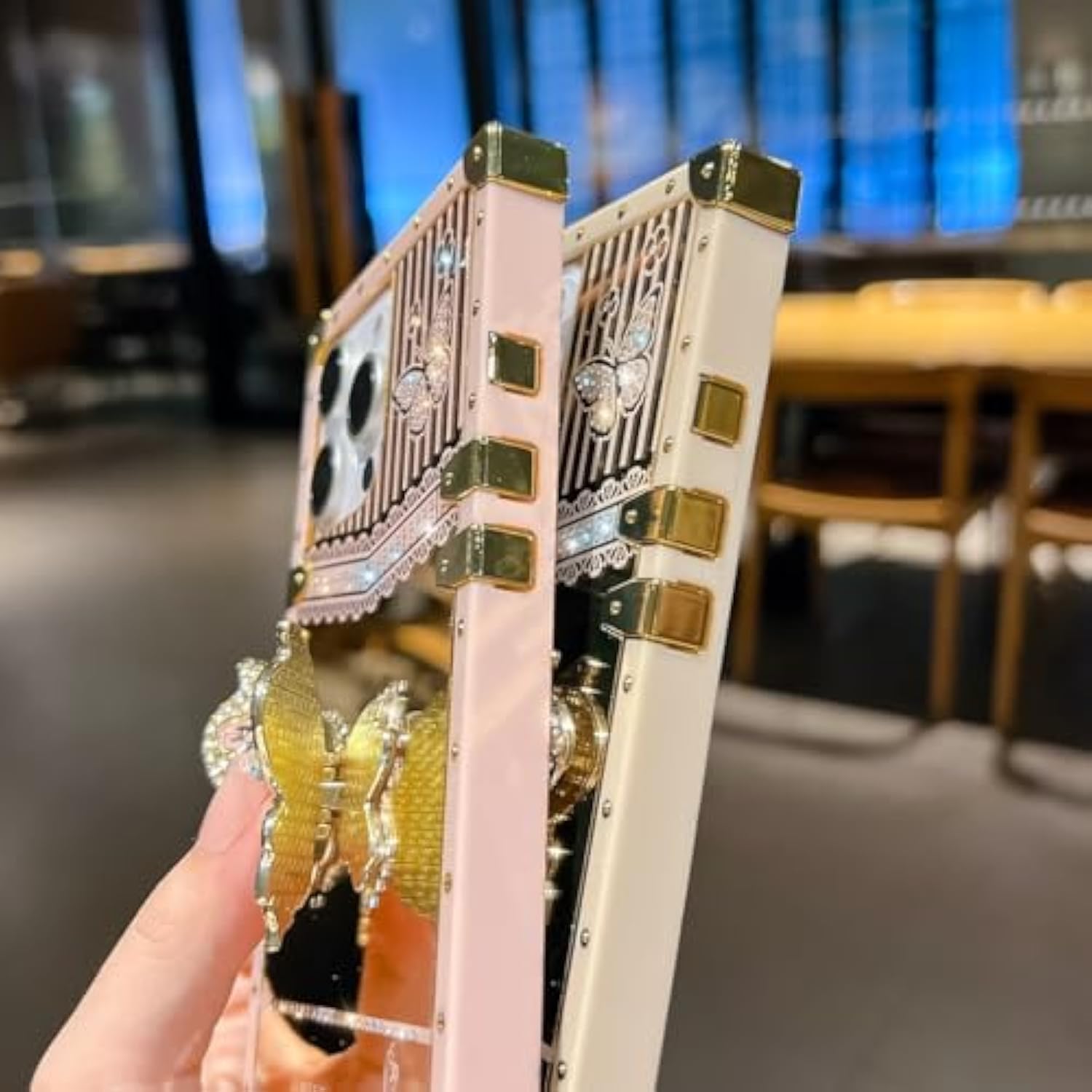 Cute Compatible With Iphone 16 Pro Max Case With Luxury Bling Glitter Butterfly Foldable Stand Kickstand,Girly Soft Pc Mirror Bumper Protective Cover For Women & Girls(Light Gold)