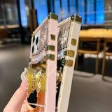 Cute Compatible With Iphone 16 Pro Max Case With Luxury Bling Glitter Butterfly Foldable Stand Kickstand,Girly Soft Pc Mirror Bumper Protective Cover For Women & Girls(Light Gold)