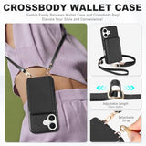 TUCCH Crossbody Wallet Case for iPhone 16 (6.1") 2024, RFID Blocking [6 Card Slots][Detachable Adjustable Lanyard], Magnetic Closure Flip Wallet PU Leather Shockproof Phone Cover for iPhone 16, Black