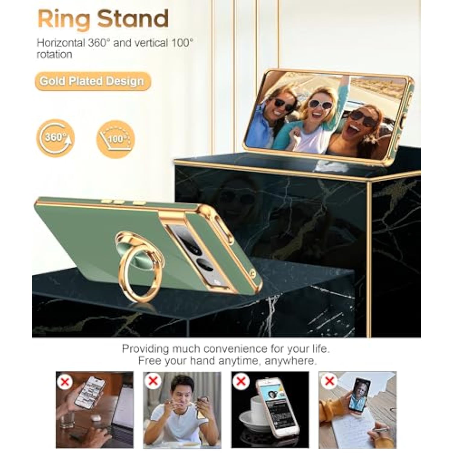 For Google Pixel-7-Pro Phone Case: 360° Rotatable Ring Holder Magnetic Kickstand, Plating Rose Gold Edge Protective For Google Pixel 7 Pro Case, L-Green