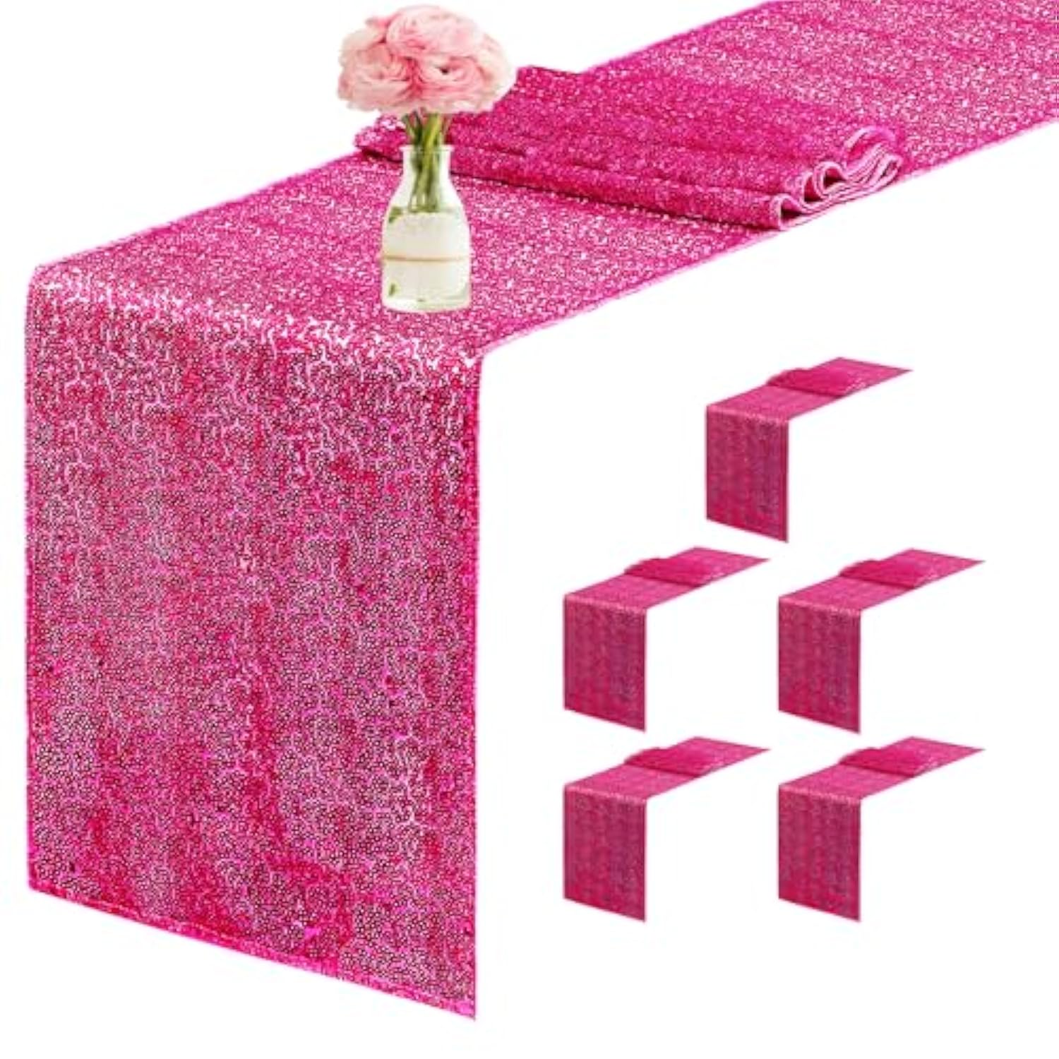 6 Packs 12 X 72 Inches Sequin Table Runner, Hot Pink Glitter Table Runner For Birthday Party Supplies Wedding Engagement Baby Shower Holiday Celebration Event Decorations