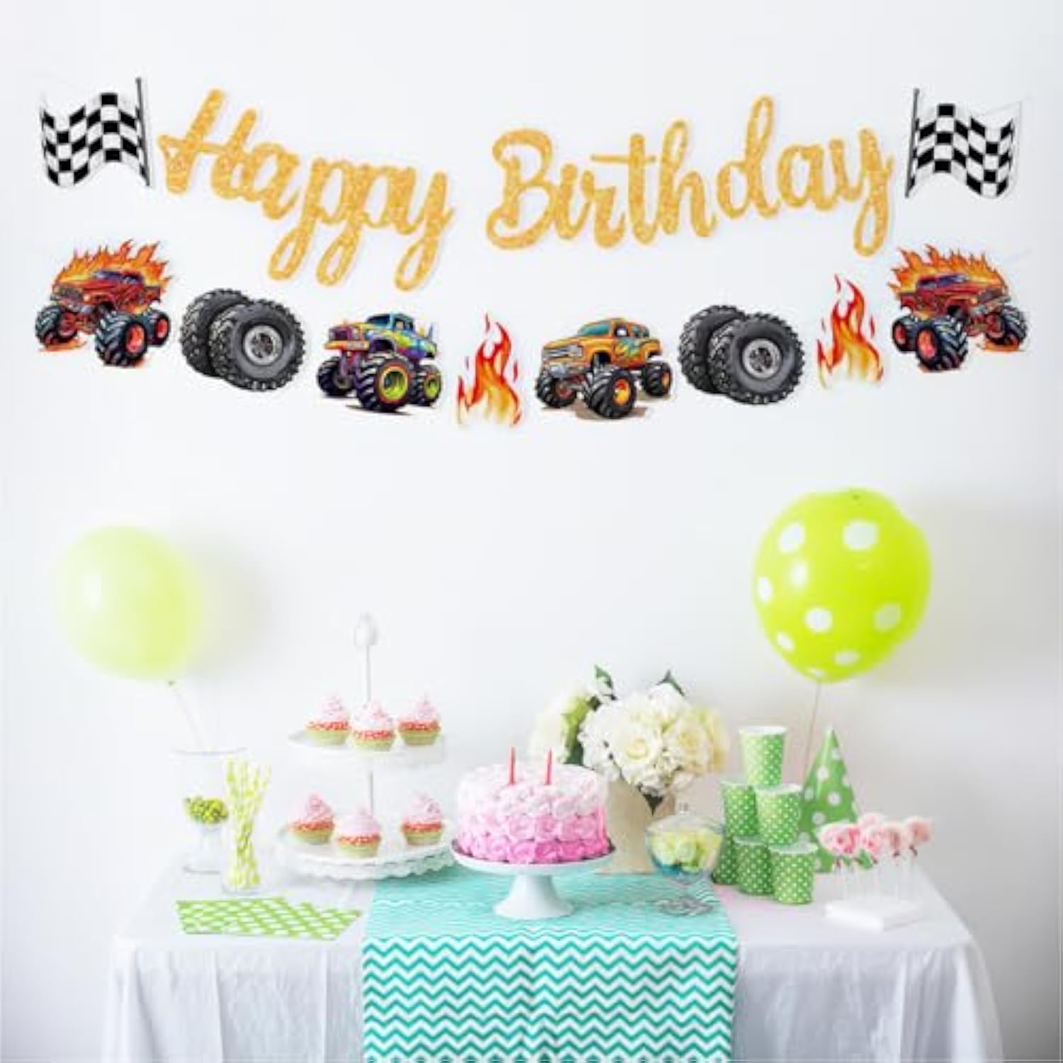 Monster Truck Birthday Banner, Cars Trucks Happy Birthday Sign, Party Decorations For Boys, Racing Themed Party Supplies