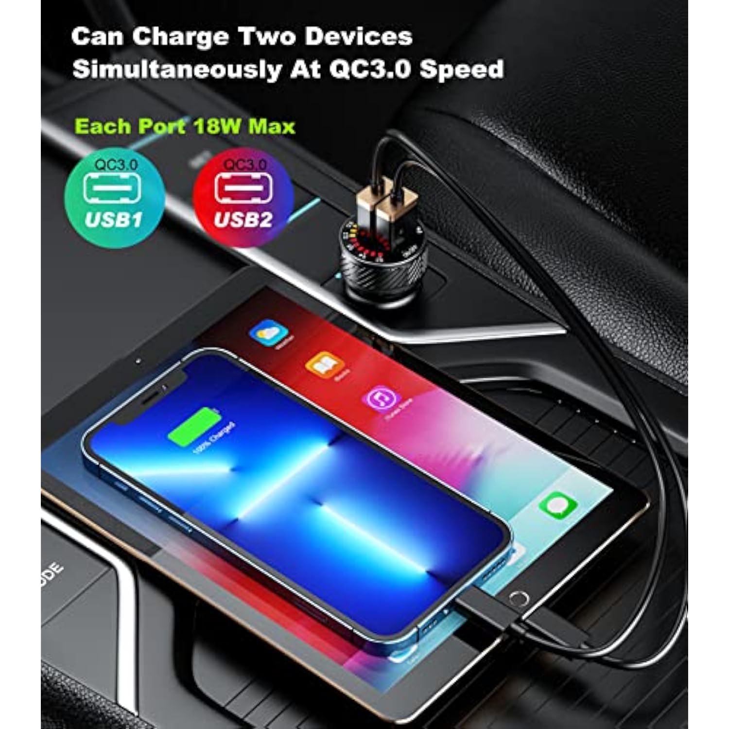 Car Charger, Dual Qc3.0 Port Usb Car Phone Charger Adapter, 36W 3A Fast Charge With Colorful Voltmeter & On/Off Switch