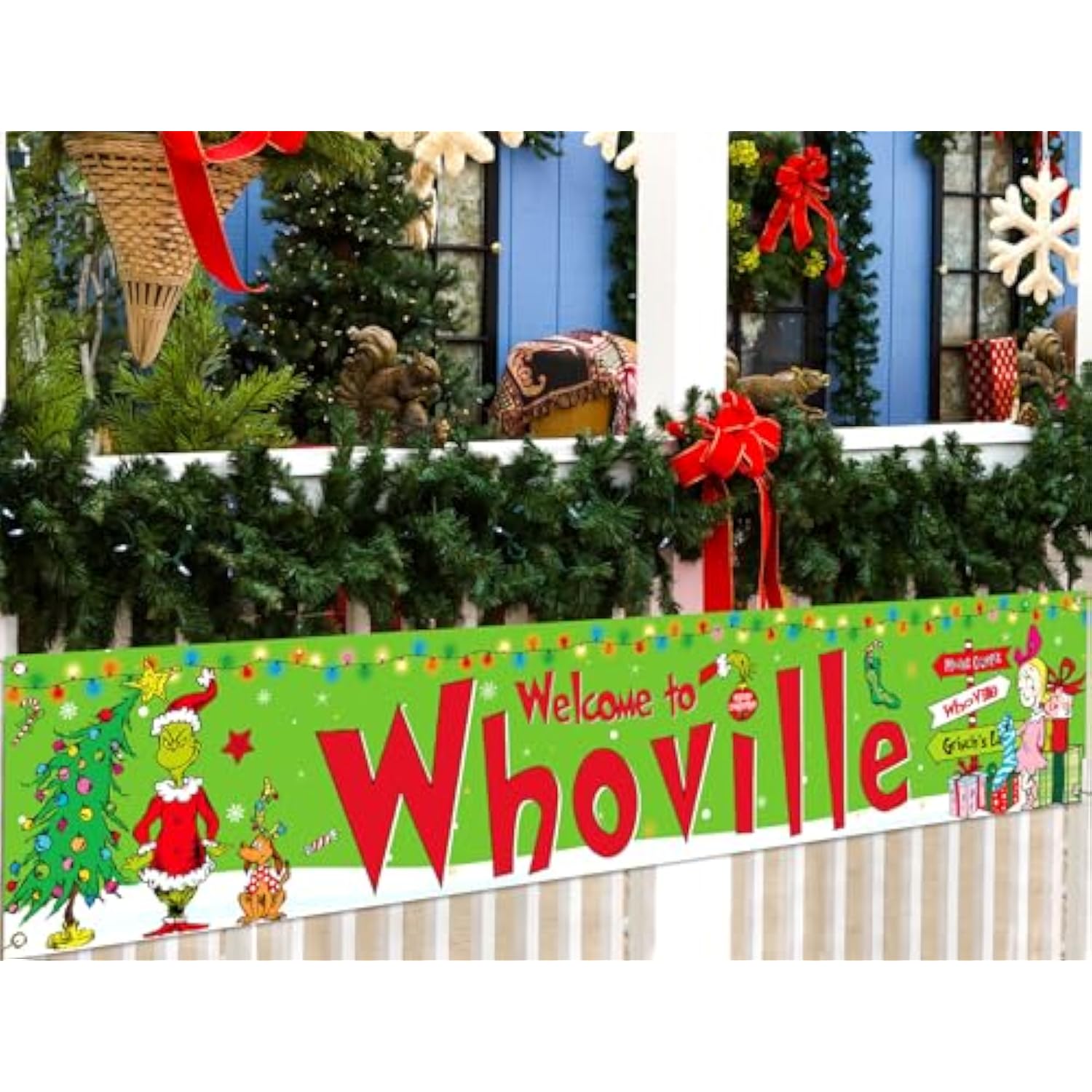 Merry Christmas Fence Banner Green Elf Xmas Winter Holiday Party Decor Yard Porch Sign Decoration Photo Booth Backdrop (Green-A)