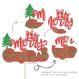 Merry Christmas Cake Topper Green & Red Glitter Tree Pick