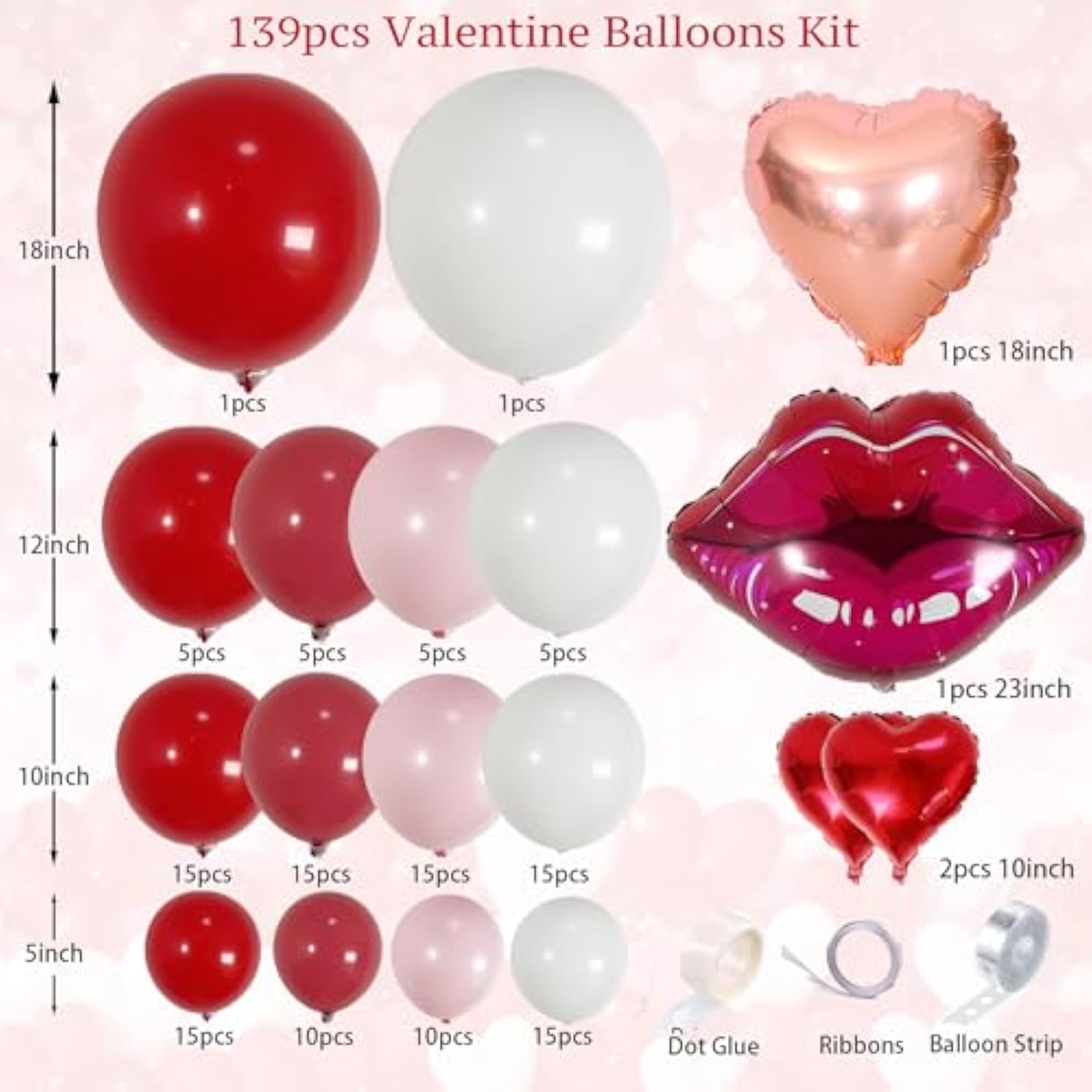 139Pcs Valentine'S Day Balloon Arch Garland Kit - Red Pink White Balloons With Heart-Shaped And Red Lip Balloons For Valentine Decorations, Bachelorette & Bridal Shower, Anniversary Decor