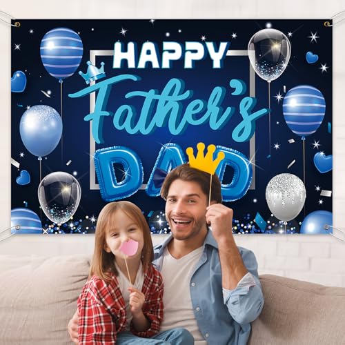 Happy Father's Day Backdrop Banner -Blue Theme Fathers Day Photo Booth Props,Outdoor Indoor Party Decorations for Dad, Backdrop, Yard, Family Celebration